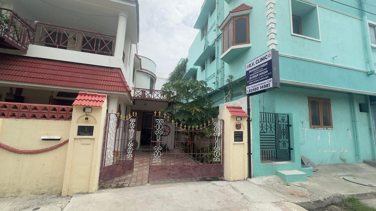 RV Clinic Madipakkam signboard and gate on 3rd Main Road, Sadasiva Nagar